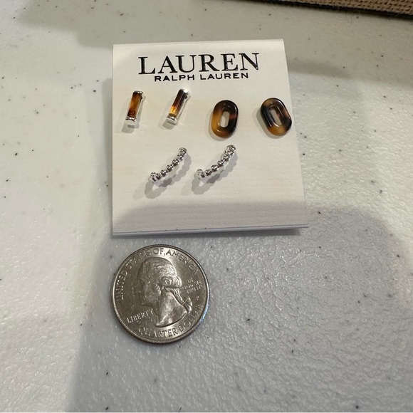NWT Ralph Lauren Set of 3 Pair Earrings - silver tone & faux tortoise - Picture 5 of 6